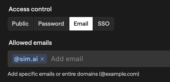 Access control section with Email tab selected, showing an Allowed emails field with @aacflow.io domain added