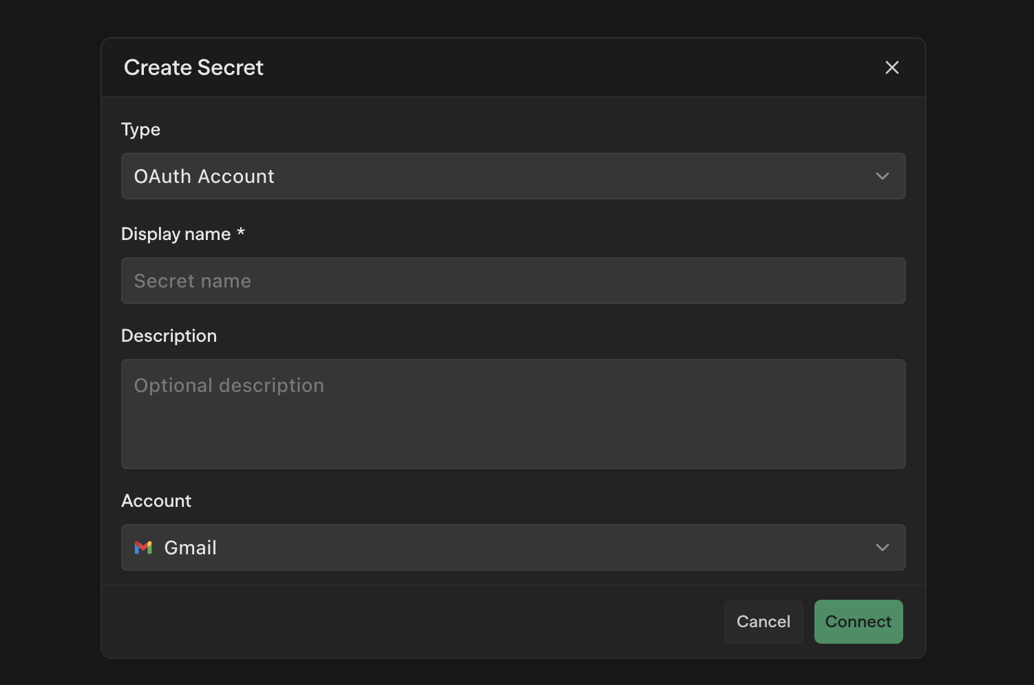 Create Secret dialog with OAuth Account type selected, showing display name and provider dropdown
