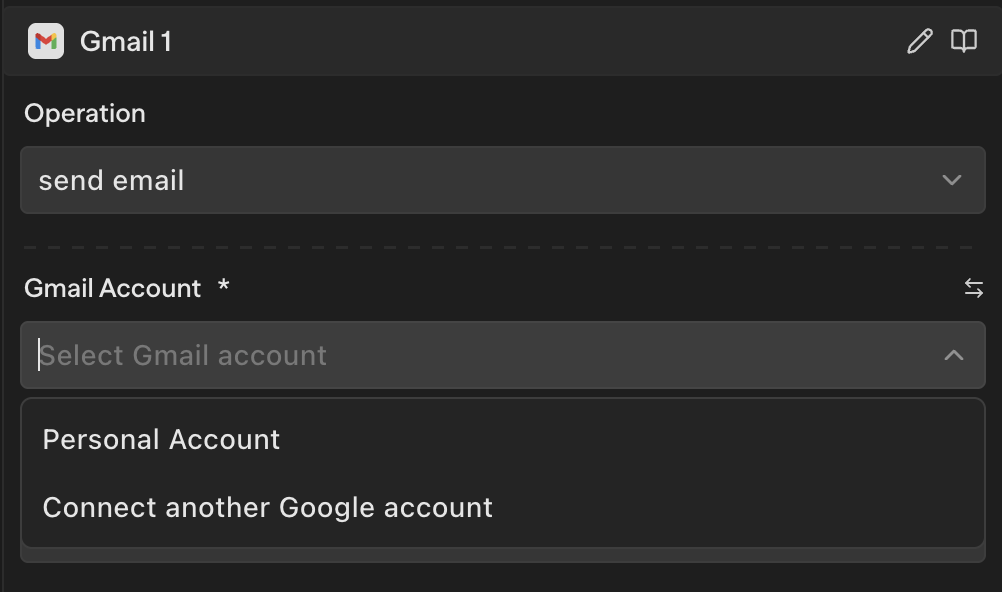 Gmail block showing the account selector dropdown with a connected account and option to connect another