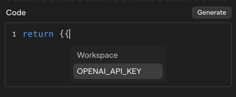 A resolved secret reference shown in blue text as {{OPENAI_API_KEY}}