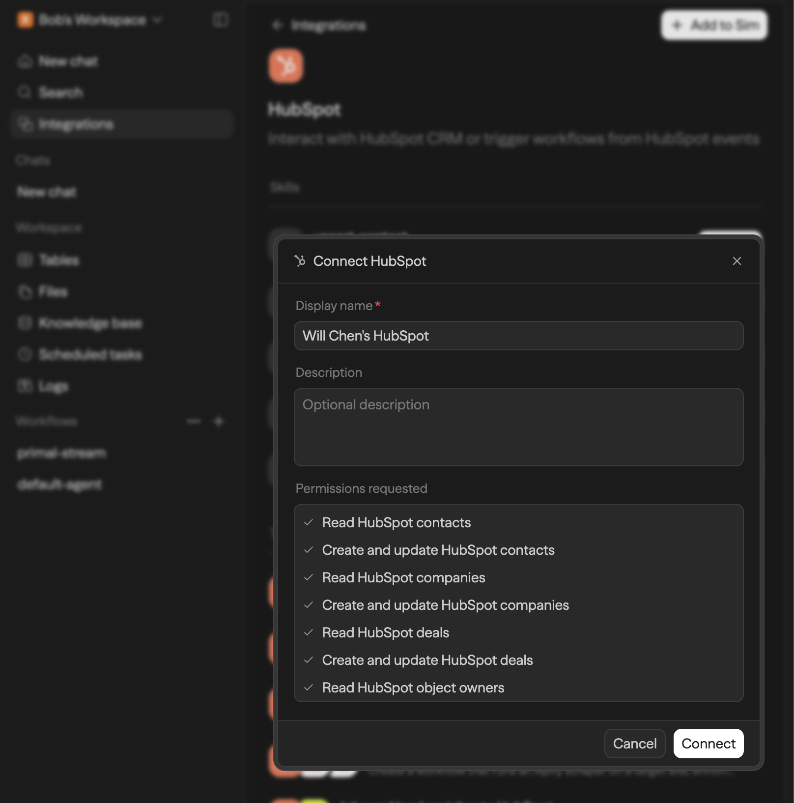 The Connect HubSpot dialog showing the display name field and the list of permissions requested