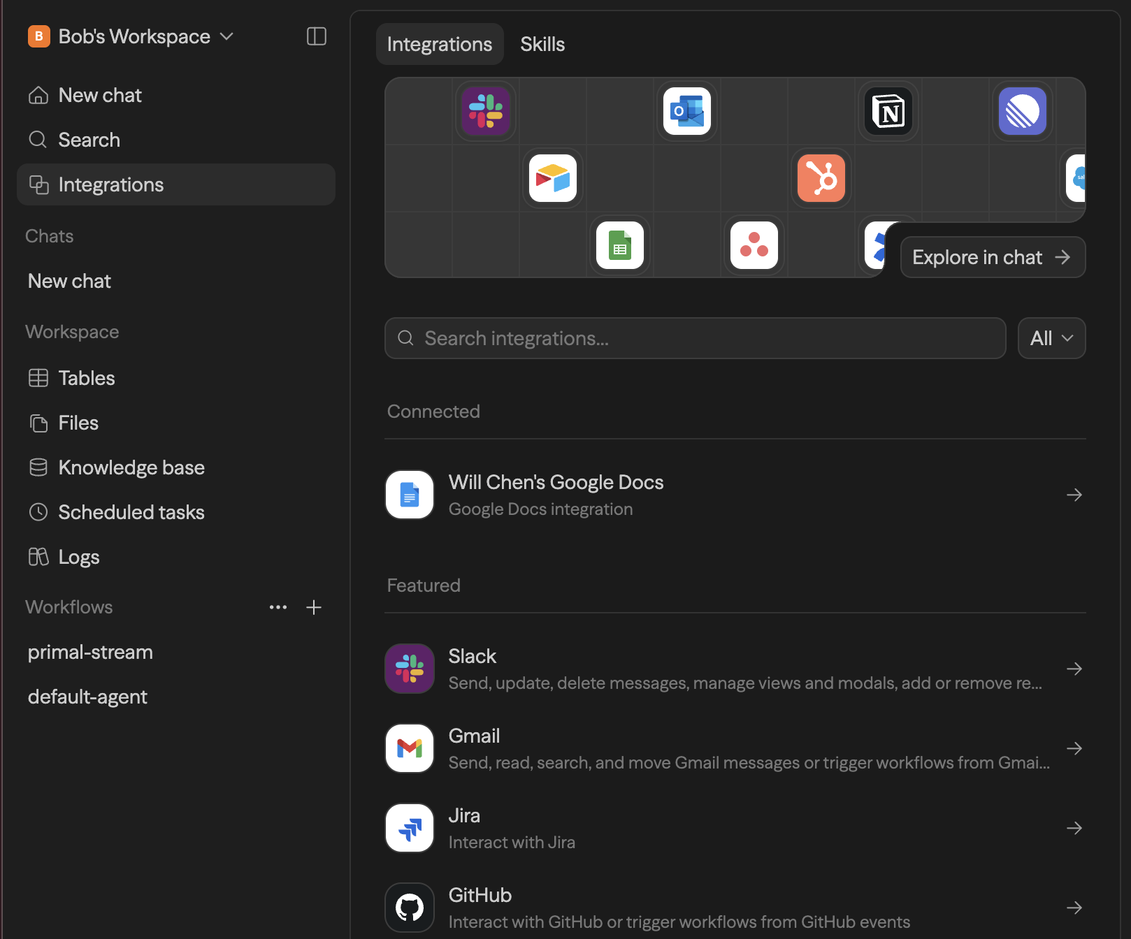 The Integrations page in AACFlow.io, with the sidebar entry, a search box, connected accounts, and featured integrations